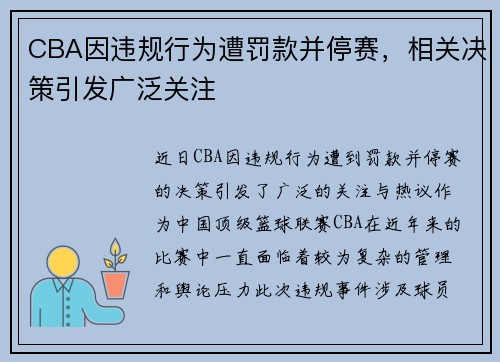 CBA因违规行为遭罚款并停赛，相关决策引发广泛关注